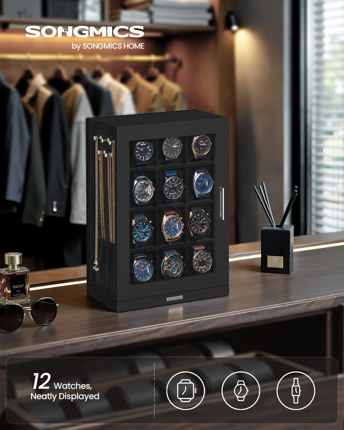 Watch Box 12 Slots with Glass Windows, 360° Rotating Vertical Watch Display Case - image 2