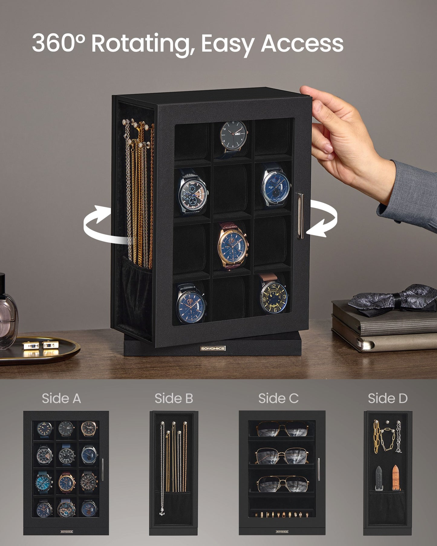 Watch Box 12 Slots with Glass Windows, 360° Rotating Vertical Watch Display Case - image 3