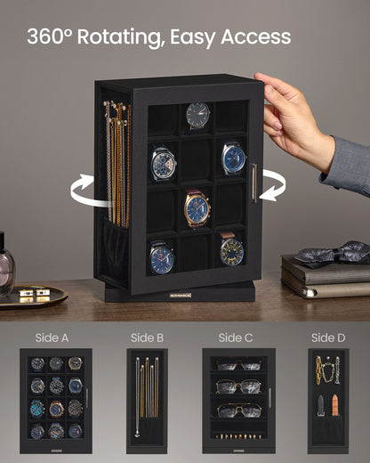 Watch Box 12 Slots with Glass Windows, 360° Rotating Vertical Watch Display Case - image 3