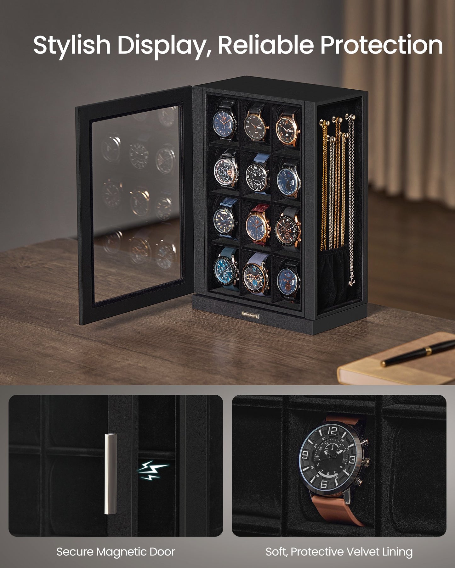 Watch Box 12 Slots with Glass Windows, 360° Rotating Vertical Watch Display Case - image 4