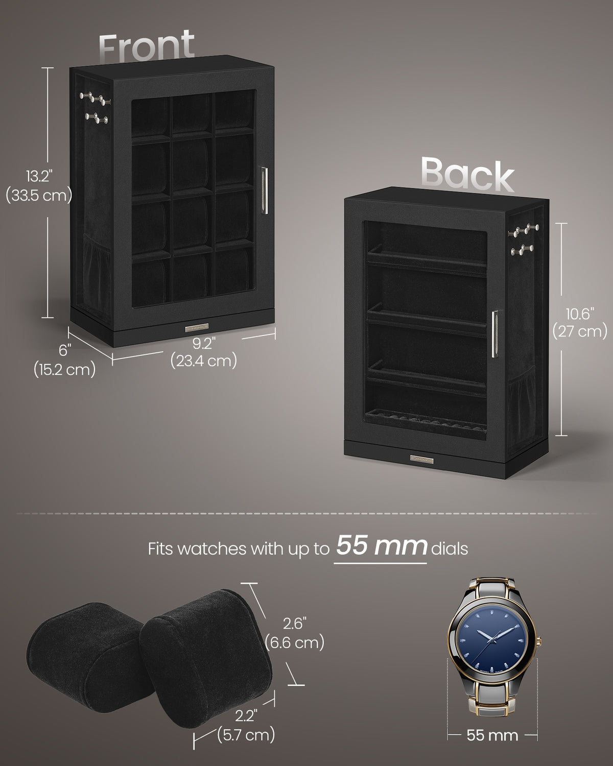 Watch Box 12 Slots with Glass Windows, 360° Rotating Vertical Watch Display Case - image 5
