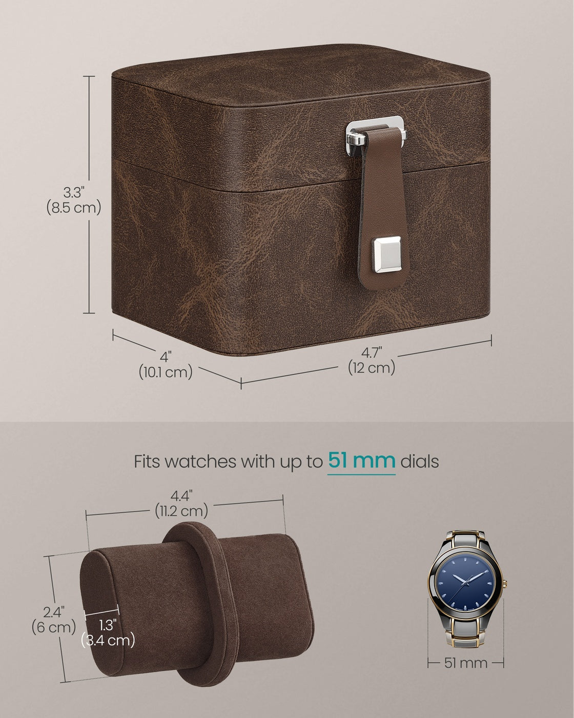 2 Watch Travel Case Pillow with Hidden Storage 4 x 4.7 x 3.3 Inches Brown Lining - image 5