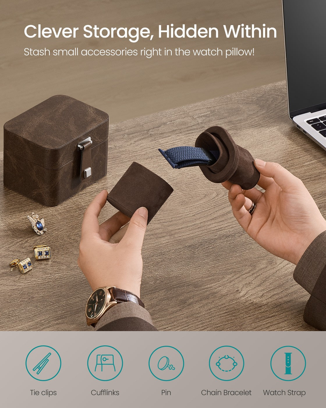 2 Watch Travel Case Pillow with Hidden Storage 4 x 4.7 x 3.3 Inches Brown Lining - image 6