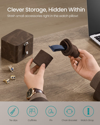 2 Watch Travel Case Pillow with Hidden Storage 4 x 4.7 x 3.3 Inches Brown Lining - image 6