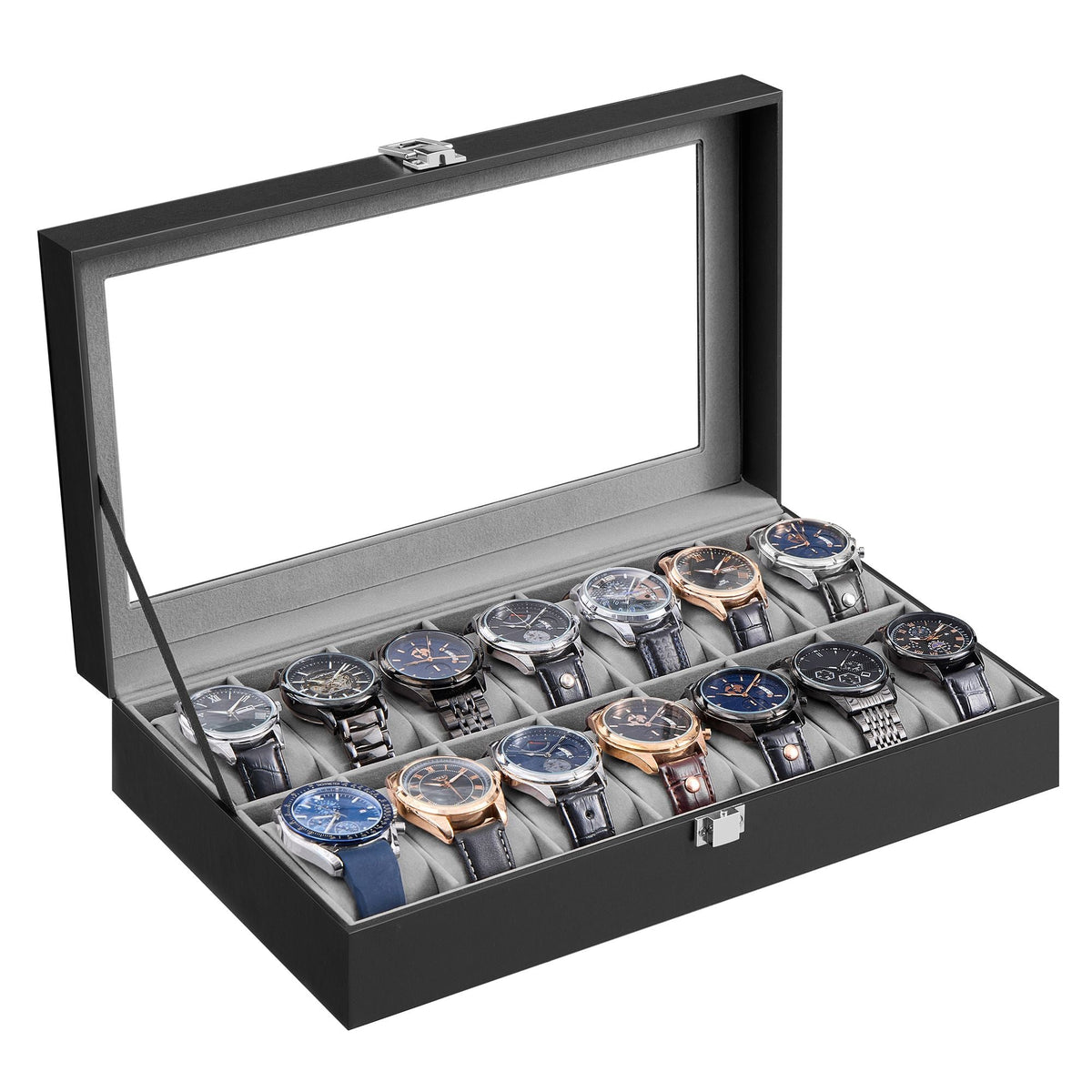 Black and Grey Glass-Top Watch Box — 14 Slots - image 1