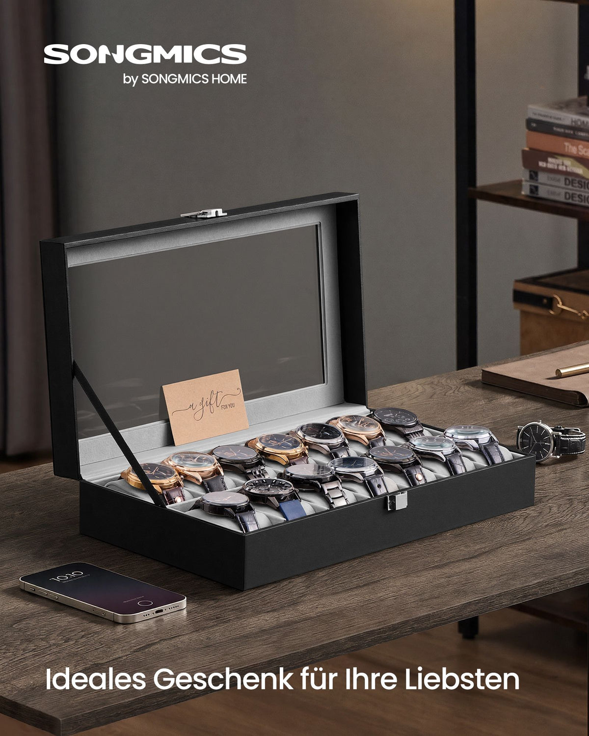 Black and Grey Glass-Top Watch Box — 14 Slots