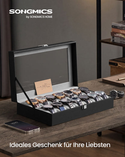 Black and Grey Glass-Top Watch Box — 14 Slots