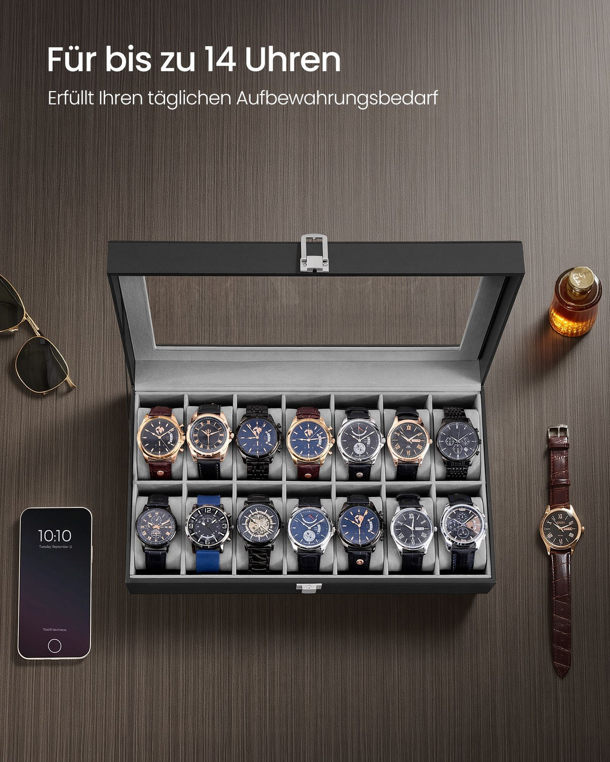Black and Grey Glass-Top Watch Box — 14 Slots
