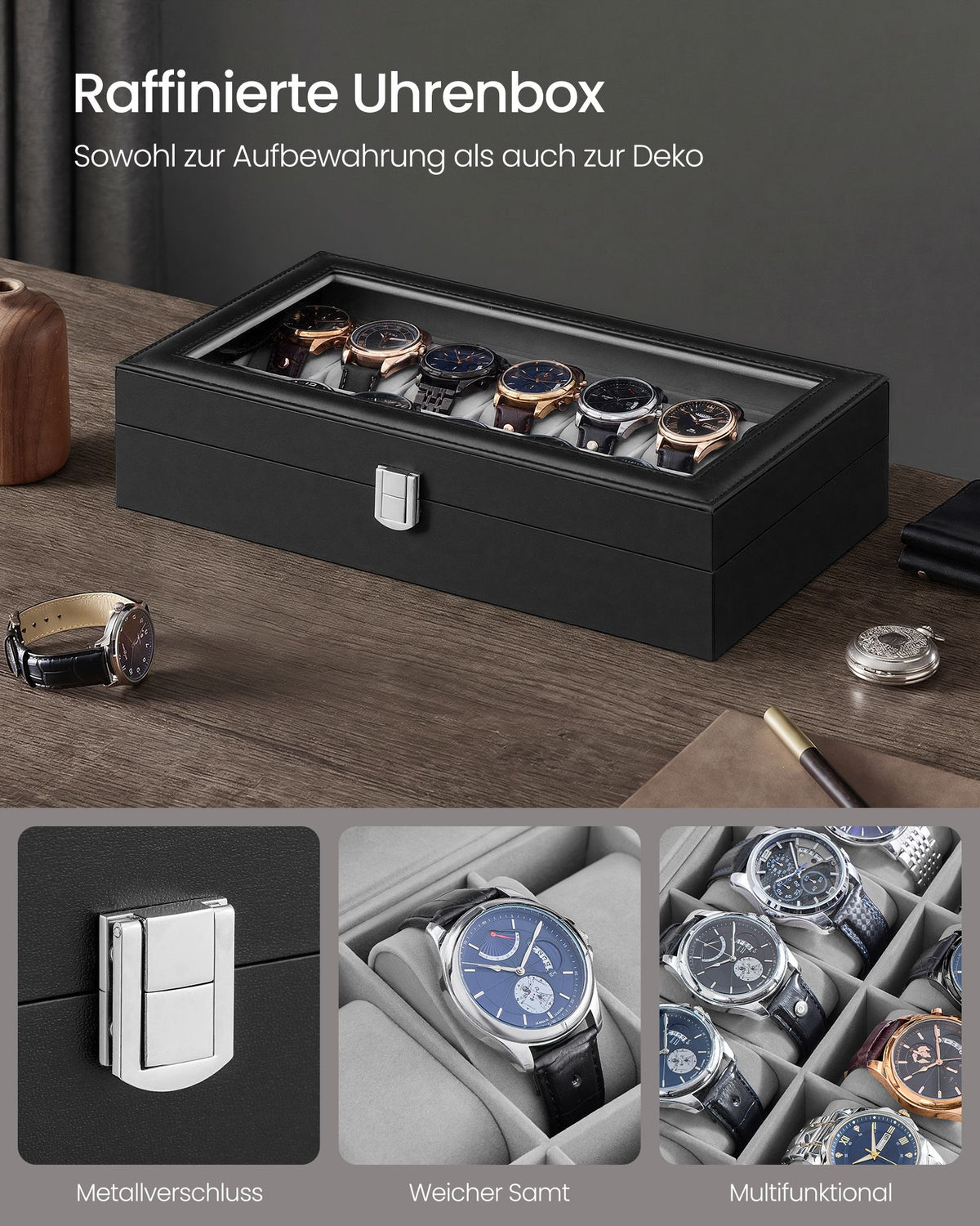 Black and Grey Glass-Top Watch Box — 14 Slots
