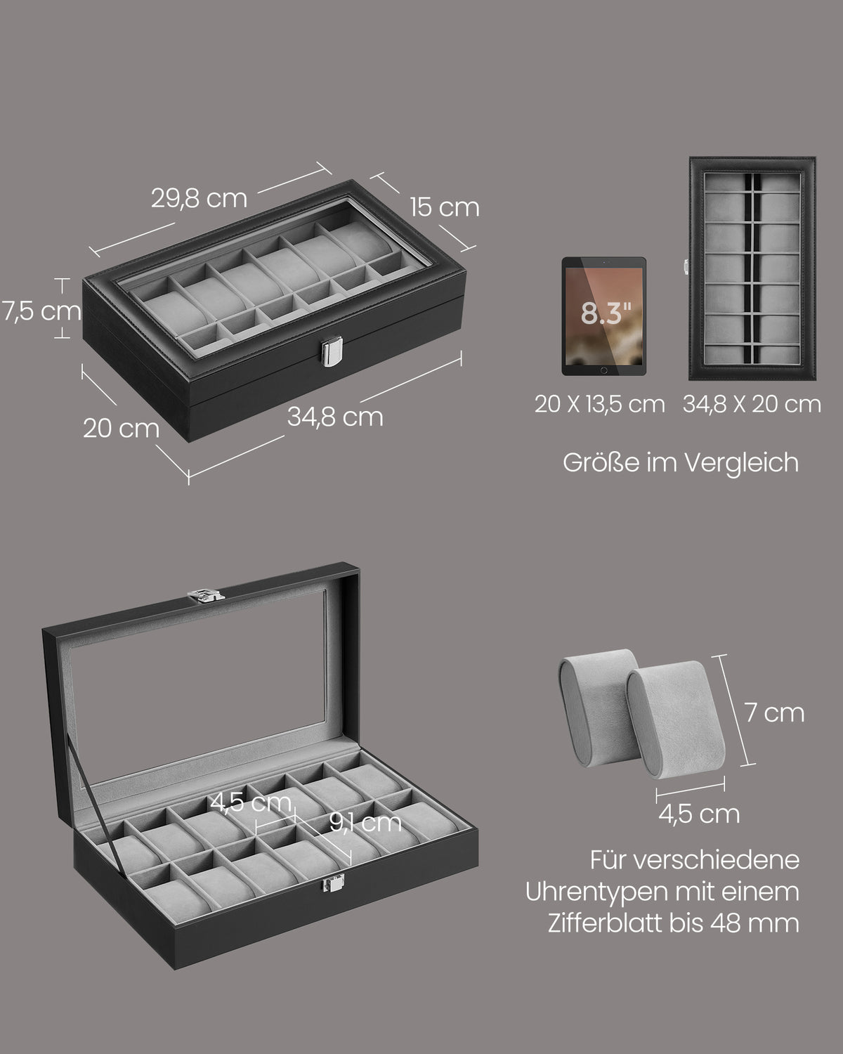 Black and Grey Glass-Top Watch Box — 14 Slots