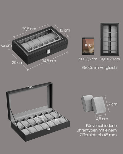 Black and Grey Glass-Top Watch Box — 14 Slots