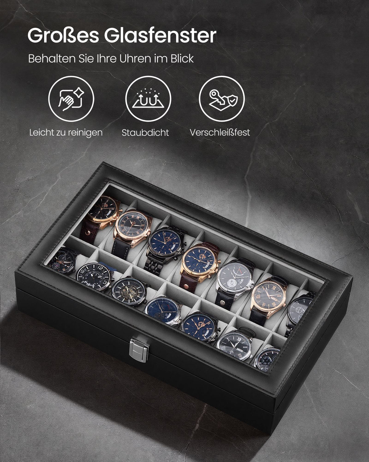 Black and Grey Glass-Top Watch Box — 14 Slots