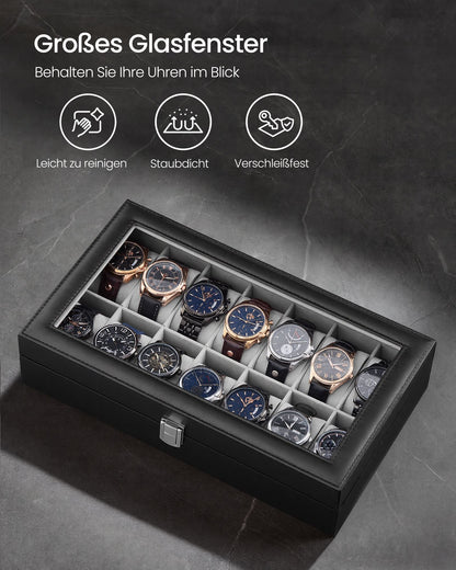 Black and Grey Glass-Top Watch Box — 14 Slots