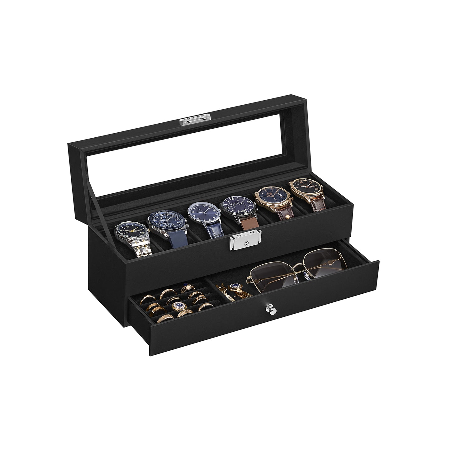 6-Slot Lockable Watch Case with Glass Lid - HWLEXTRA 