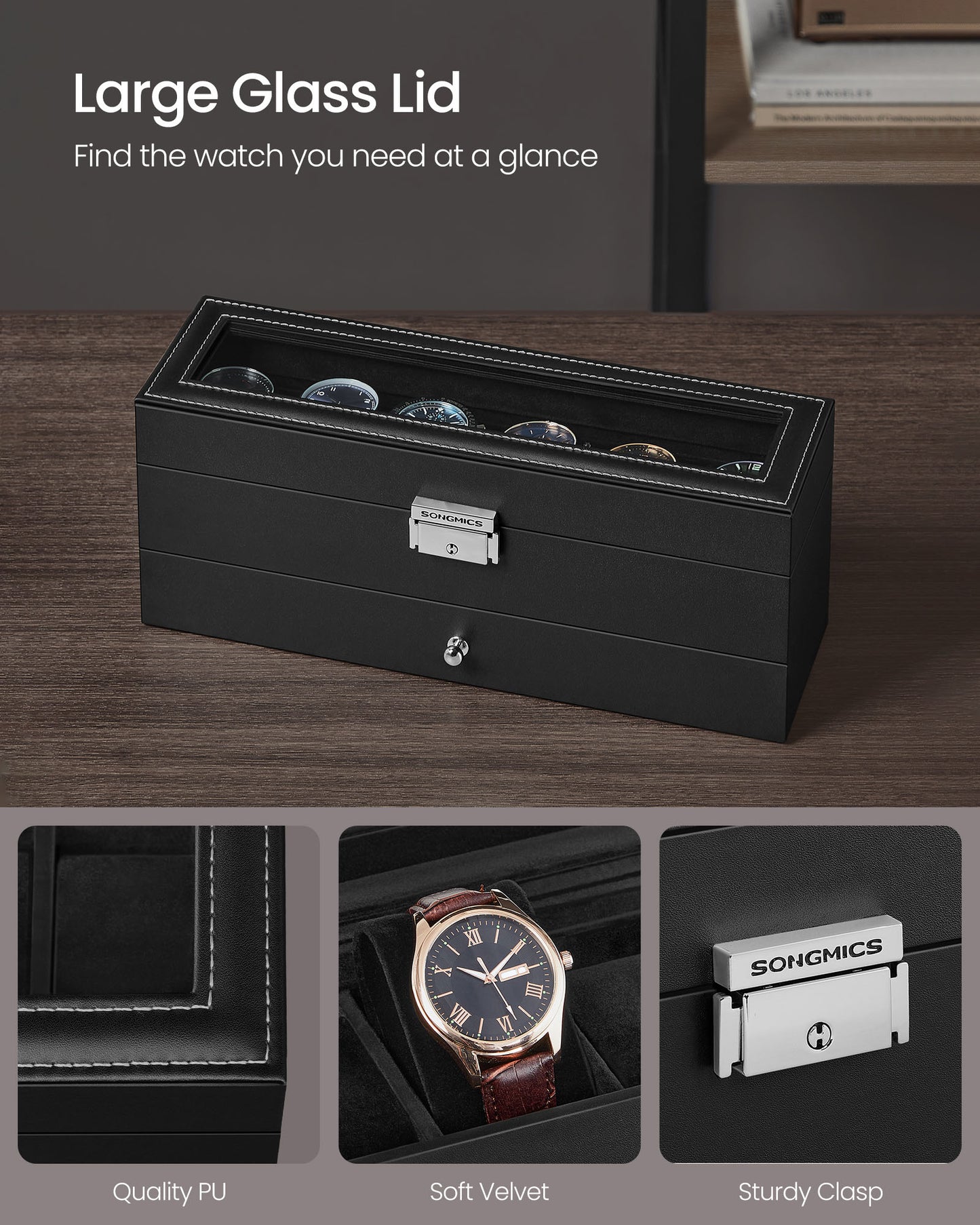 6-Slot Lockable Watch Case with Glass Lid - HWLEXTRA 