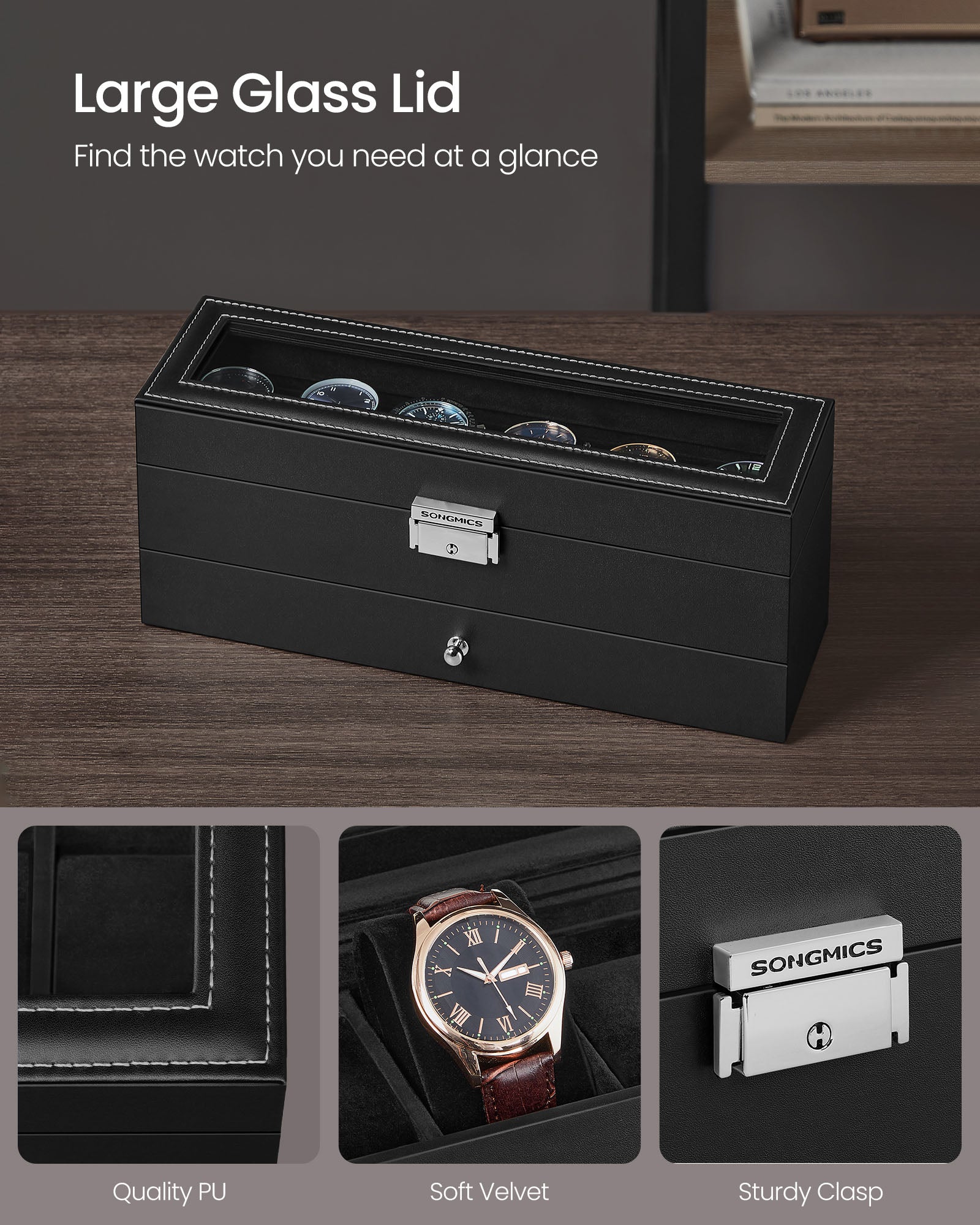 6-Slot Lockable Watch Case with Glass Lid - HWLEXTRA 