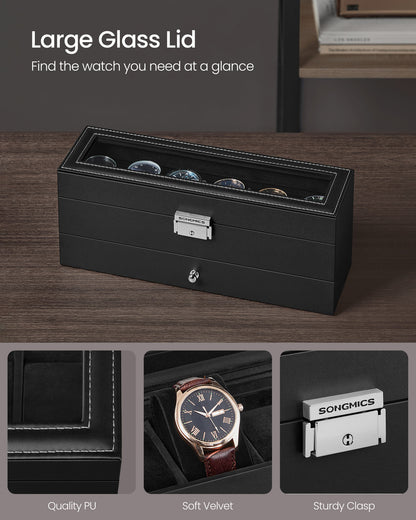 6-Slot Lockable Watch Case with Glass Lid - HWLEXTRA 