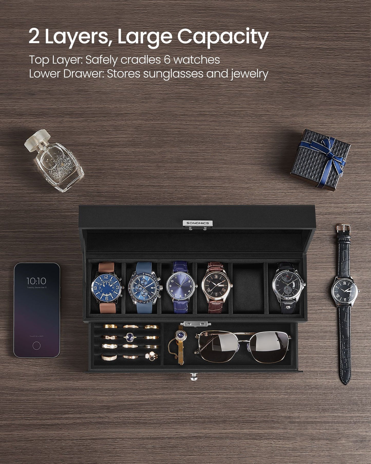 6-Slot Lockable Watch Case with Glass Lid - HWLEXTRA 