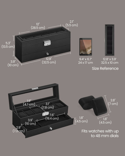 6-Slot Lockable Watch Case with Glass Lid - HWLEXTRA 