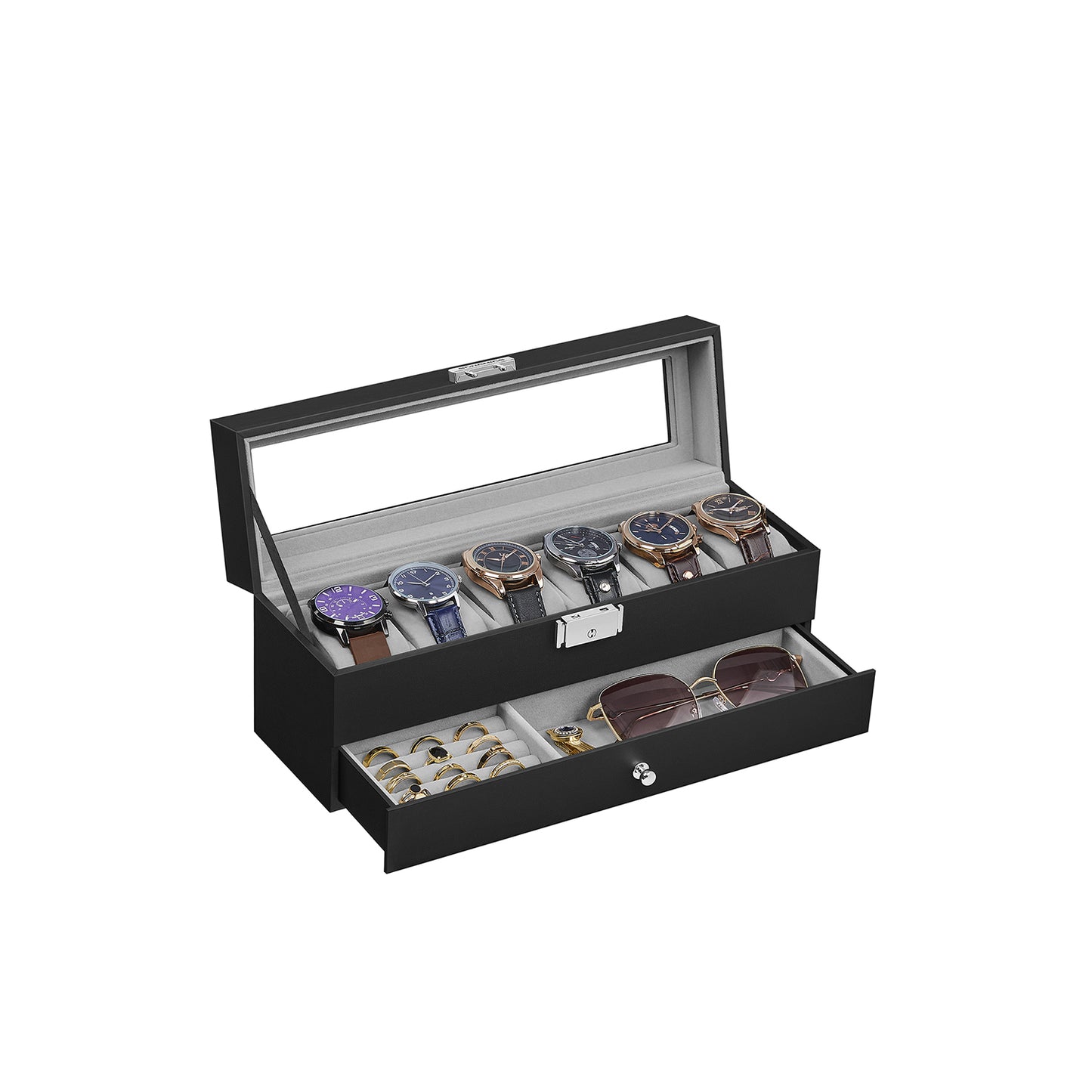 6-Slot Lockable Watch Case with Glass Lid - HWLEXTRA 