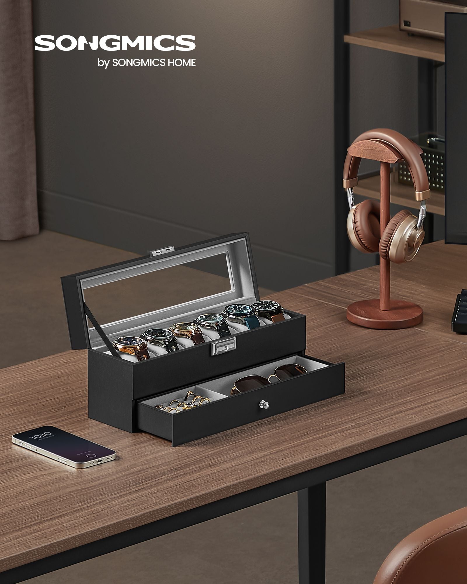 6-Slot Lockable Watch Case with Glass Lid - HWLEXTRA 