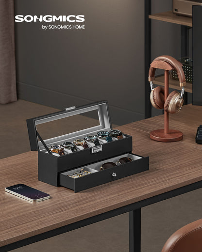 6-Slot Lockable Watch Case with Glass Lid - HWLEXTRA 