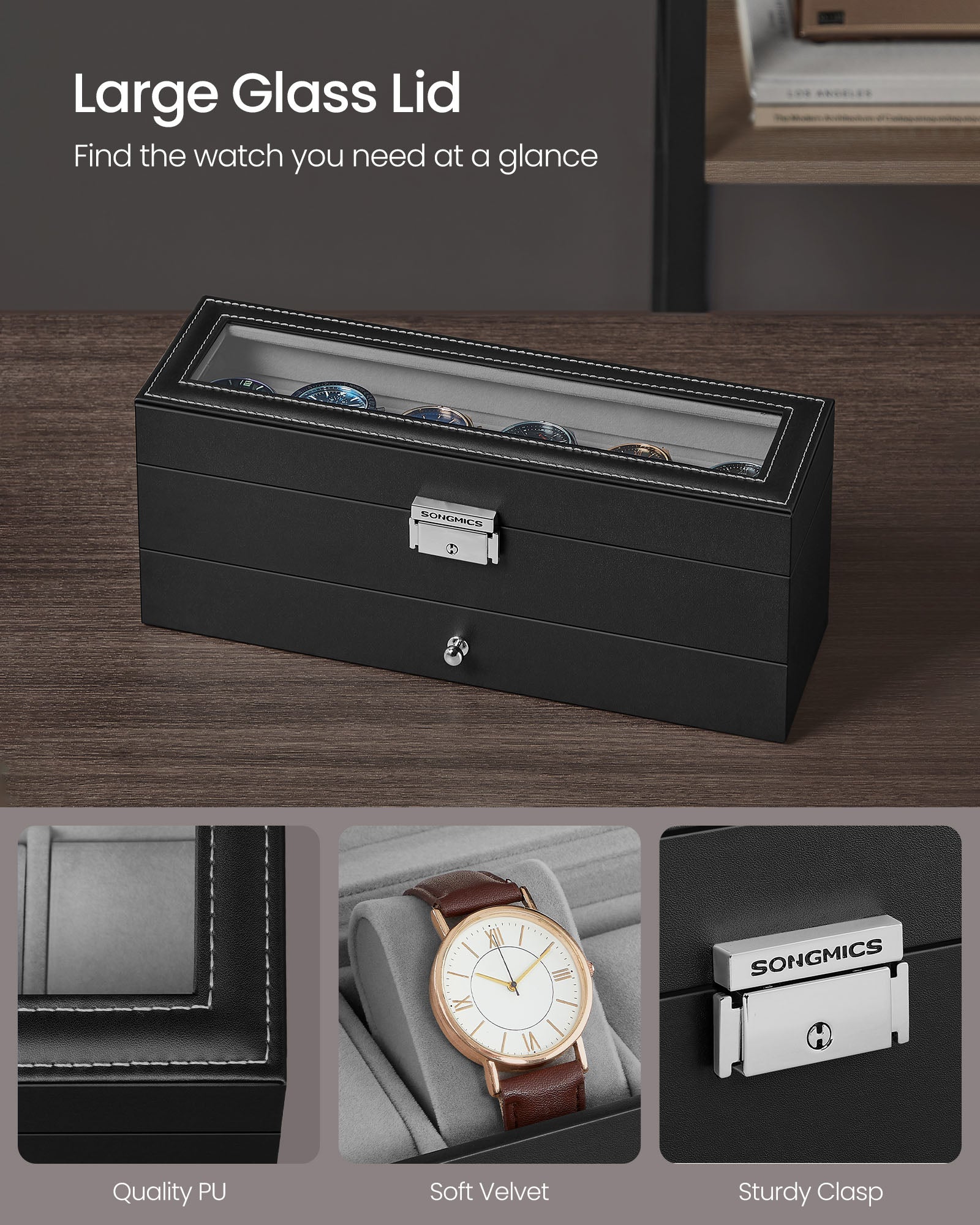 6-Slot Lockable Watch Case with Glass Lid - HWLEXTRA 