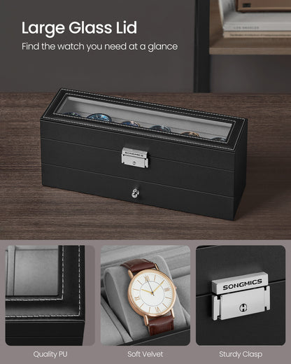 6-Slot Lockable Watch Case with Glass Lid - HWLEXTRA 