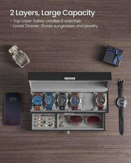 6-Slot Lockable Watch Case with Glass Lid - HWLEXTRA 