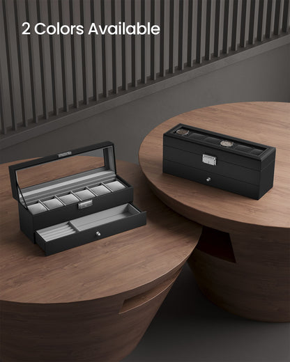 6-Slot Lockable Watch Case with Glass Lid - HWLEXTRA 