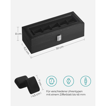 Watch Box with 6 Slots, Watch Case with Glass Lid