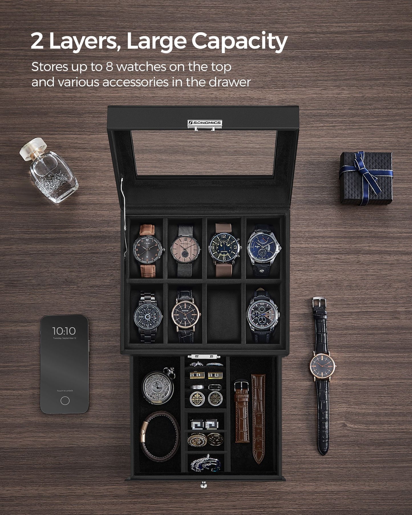 8-Slot Watch Box with Glass Lid - HWLEXTRA 