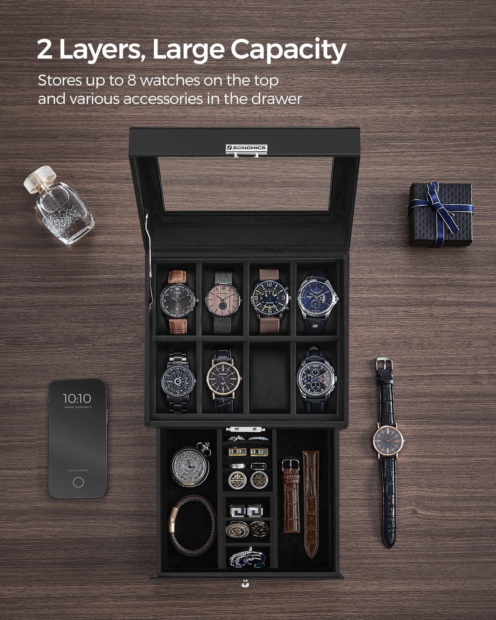 8-Slot Watch Box with Glass Lid - HWLEXTRA 