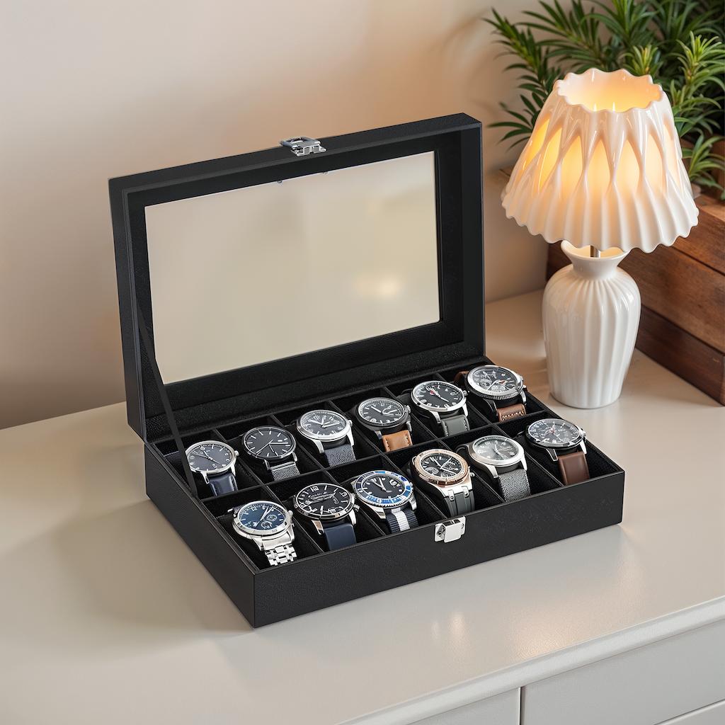 12-Slot Watch Box Organizer, Watch Case with Large Glass Lid, Removable Watch Pillows - image 1