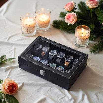 12-Slot Watch Box Organizer, Watch Case with Large Glass Lid, Removable Watch Pillows - image 2