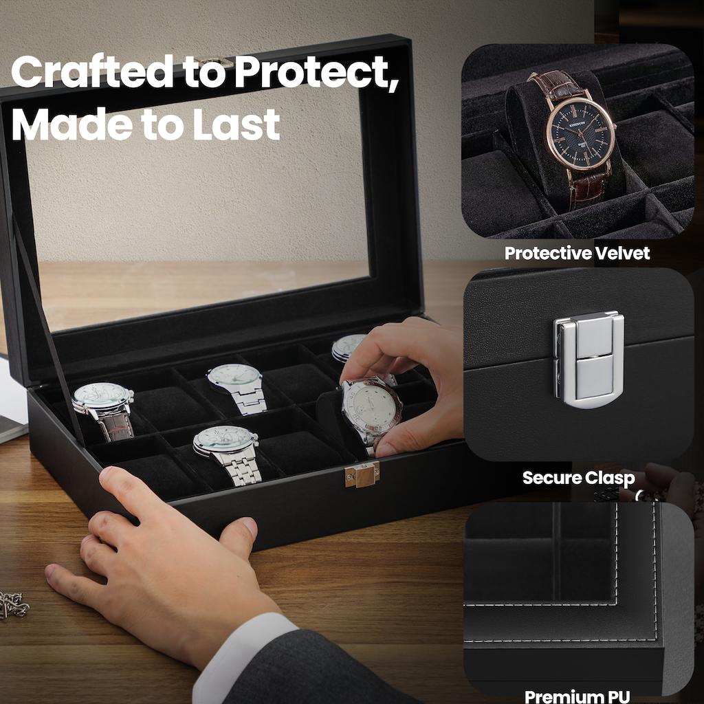 12-Slot Watch Box Organizer, Watch Case with Large Glass Lid, Removable Watch Pillows - image 3