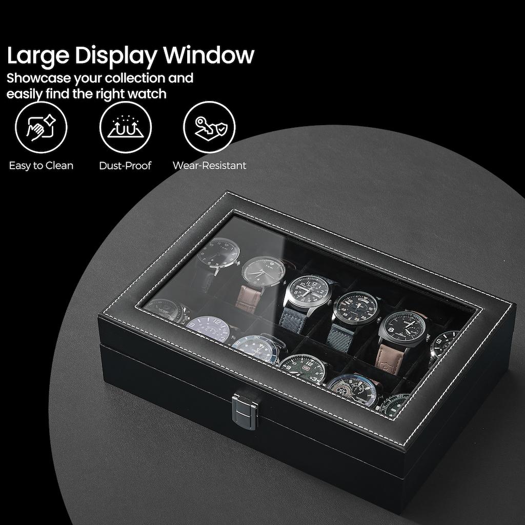 12-Slot Watch Box Organizer, Watch Case with Large Glass Lid, Removable Watch Pillows - image 4