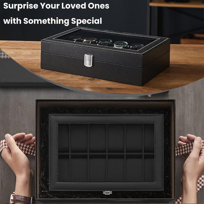 12-Slot Watch Box Organizer, Watch Case with Large Glass Lid, Removable Watch Pillows - image 5