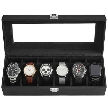 6-Slot Watch Box Organizer, Watch Case with Large Glass Lid, Removable Watch Pillows