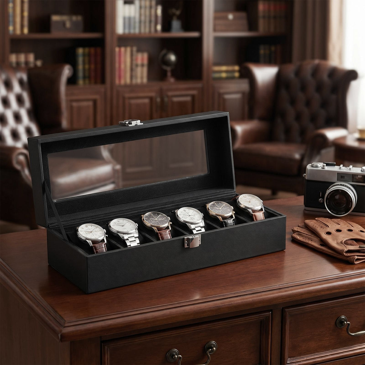 6-Slot Watch Box Organizer, Watch Case with Large Glass Lid, Removable Watch Pillows