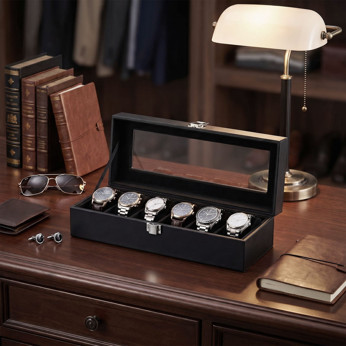 6-Slot Watch Box Organizer, Watch Case with Large Glass Lid, Removable Watch Pillows