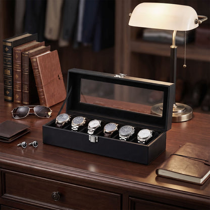6-Slot Watch Box Organizer, Watch Case with Large Glass Lid, Removable Watch Pillows