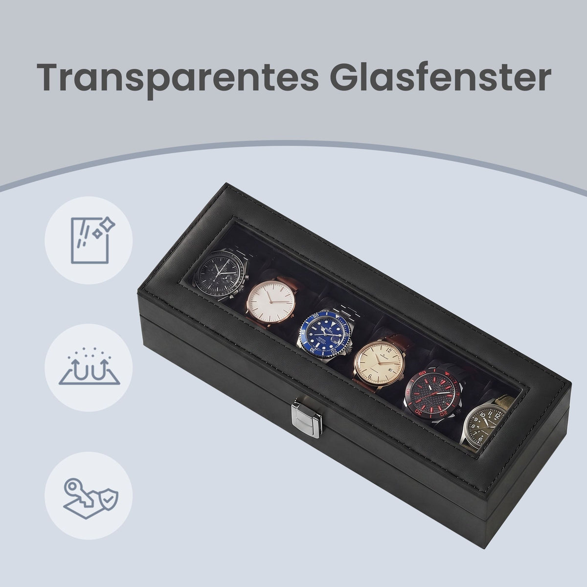 6-Slot Watch Box Organizer, Watch Case with Large Glass Lid, Removable Watch Pillows