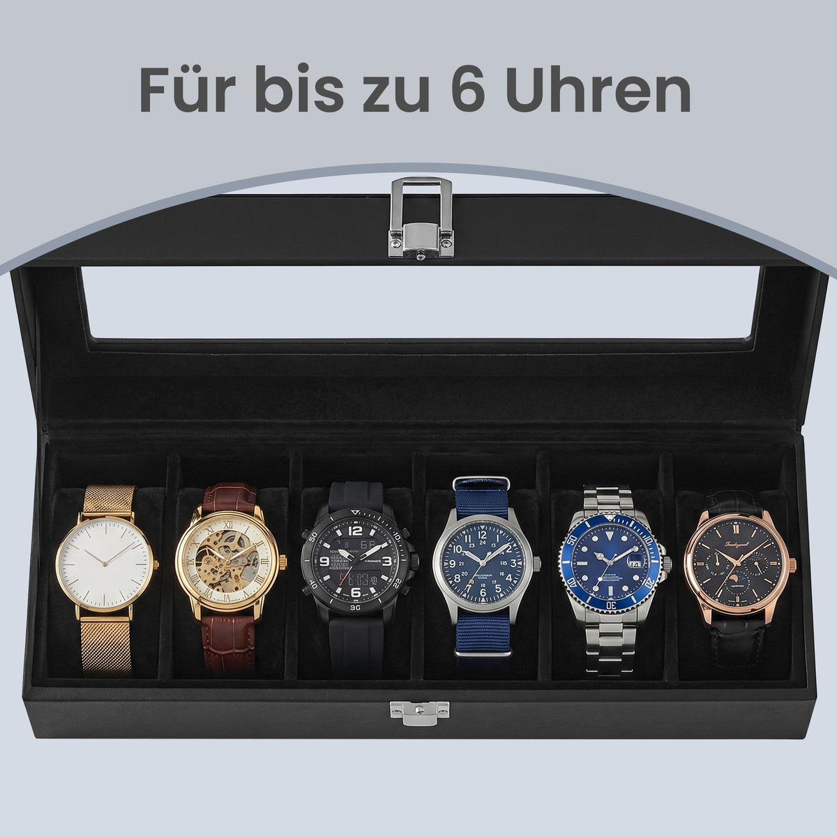 6-Slot Watch Box Organizer, Watch Case with Large Glass Lid, Removable Watch Pillows