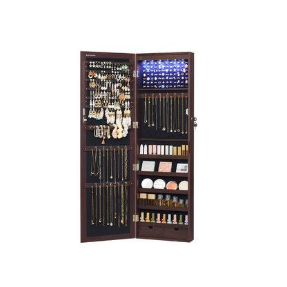 6 LEDs Jewelry Cabinet, Lockable Wall/Door Mounted Jewelry Armoire Organizer with Mirror and 2 Drawers
