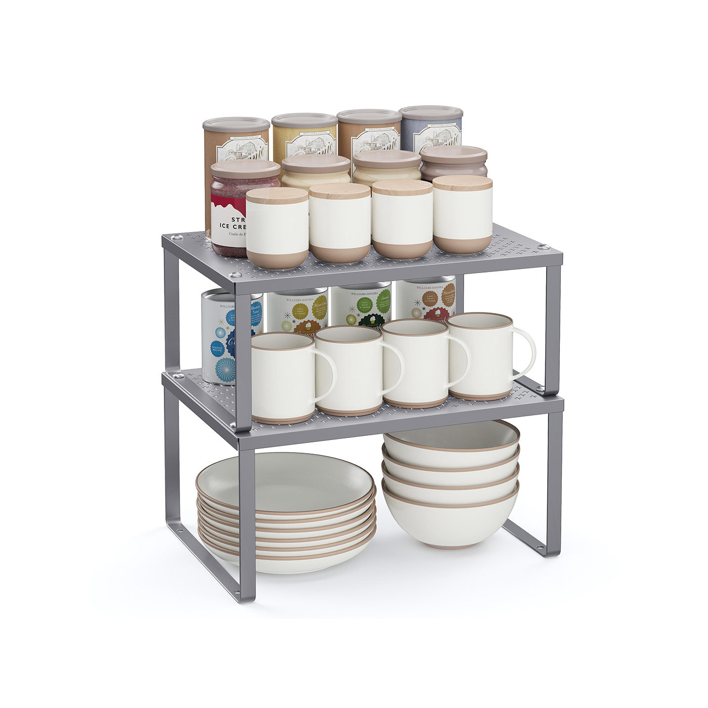 Set of 2 Cupboard Organisers Stackable Expandable Silver - image 1