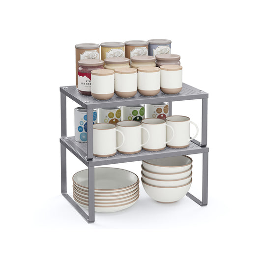 Set of 2 Cupboard Organisers Stackable Expandable Silver - image 1