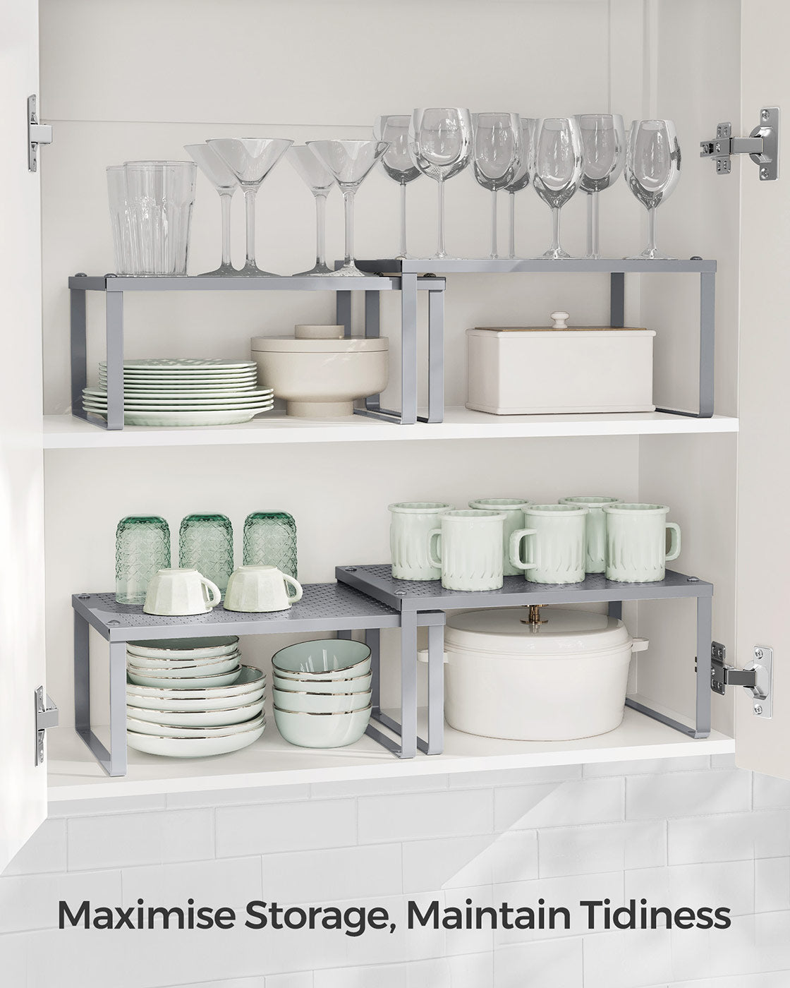 Set of 2 Cupboard Organisers Stackable Expandable Silver - image 3