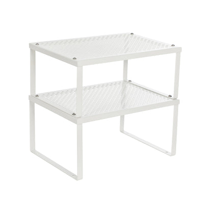 Set of 2 Cupboard Organisers, Kitchen Storage, Stackable, Expandable, Metal Counter Shelves, White