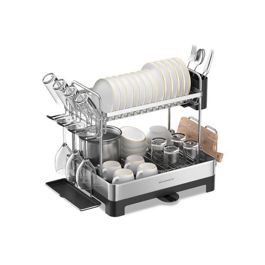 2 Tier Dish Rack for Kitchen Counter with Rotatable and Extendable Drain Spout